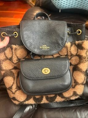 Coach Black Leather & Brown Signature Shearling Drawstring Shoulder Bag